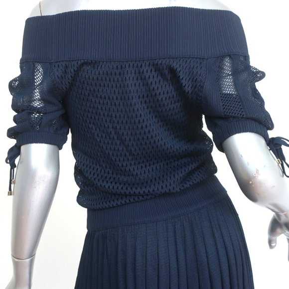 GUCCI TOM FORD OFF-SHOULDER BAMBOO TASSEL DRESS NAVY PLEATED MESH SIZE MEDIUM - Picture 7 of 8